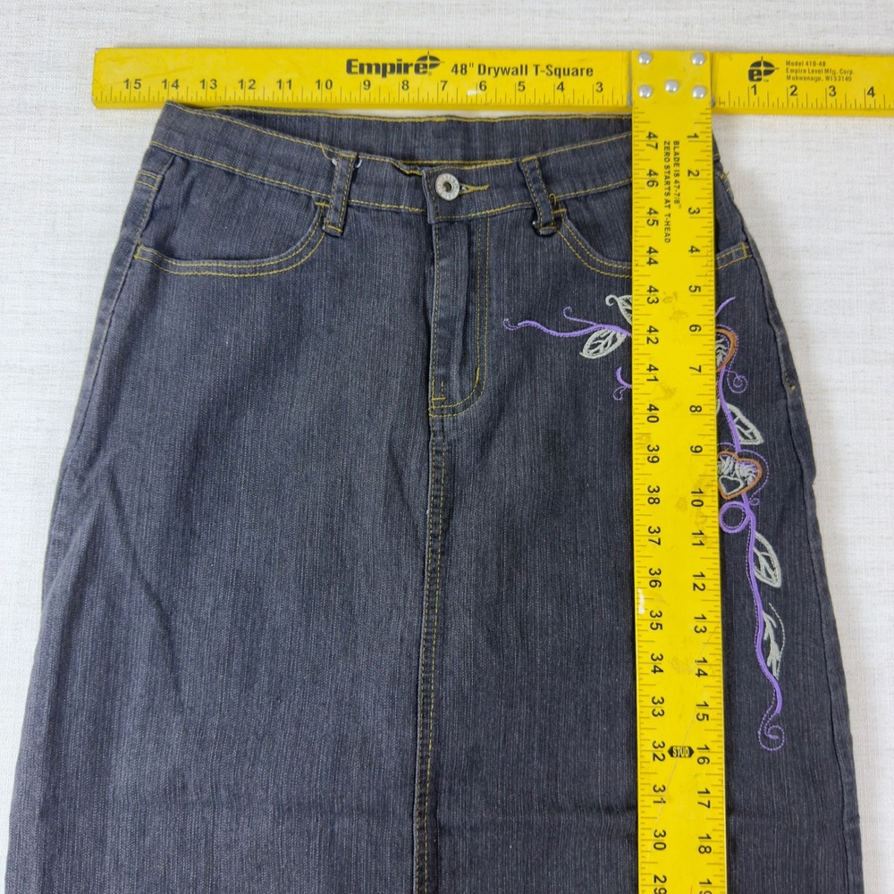 Be-Girl Basic Denim Maxi Skirt Womens M 7/8 Dark Wash Embroidered Heart Floral - Picture 10 of 13